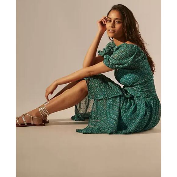 Anthropologie Floral Puff Sleeved Cut Out Midi Dress Handkerchief Green Size 8 - Picture 1 of 8